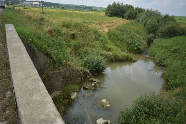 Pârâu văzut dintr-un pod cu parapet de beton
